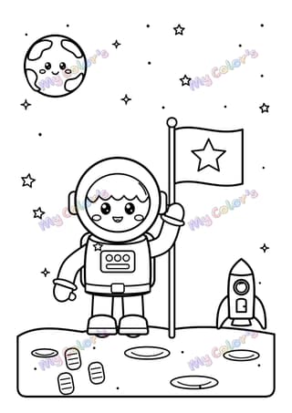 Coloriage L’astronaute qui plante un drapeau à imprimer