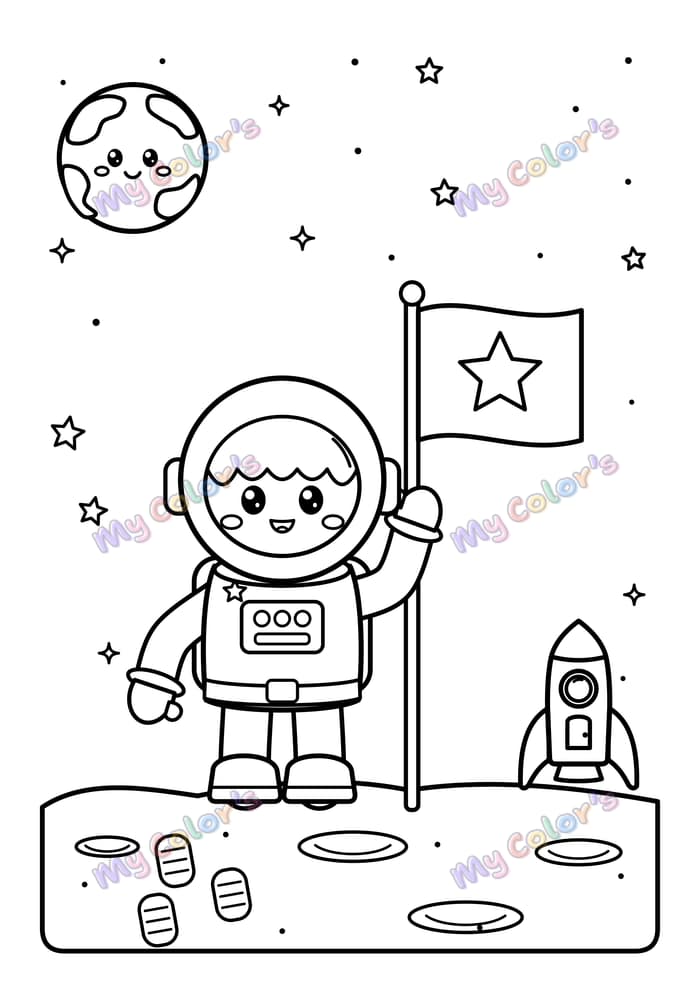 Coloriage L’astronaute qui plante un drapeau à imprimer