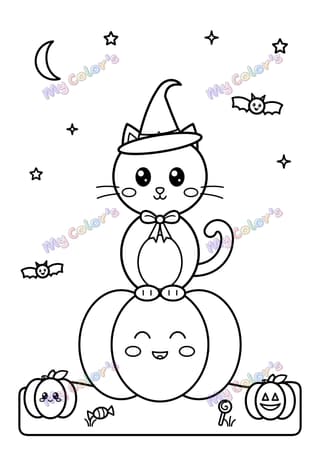 Coloriage Le chat et les citrouilles à imprimer