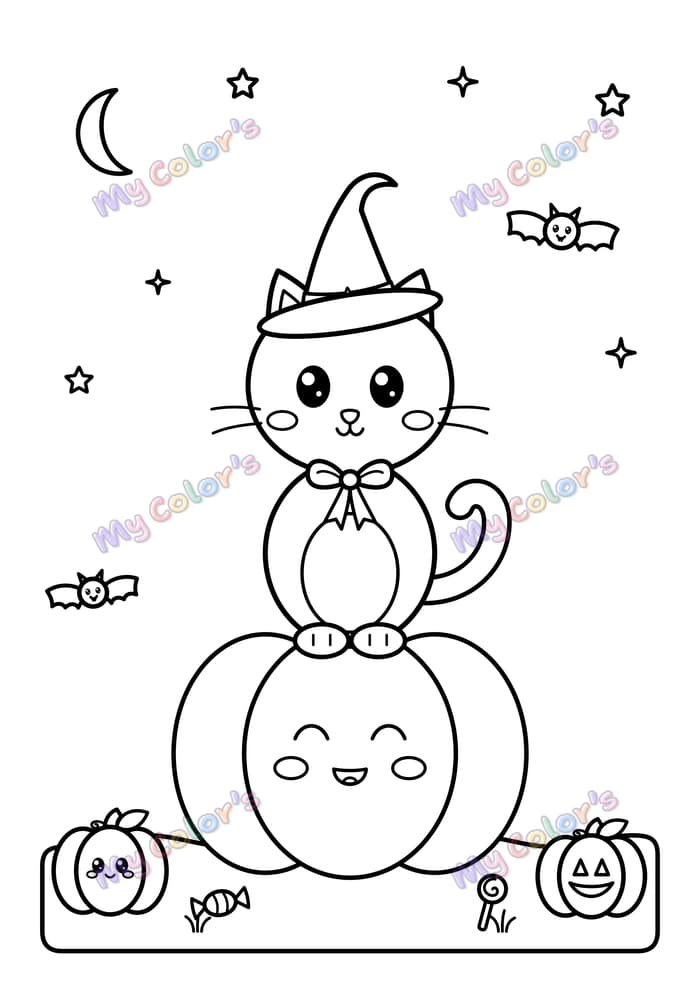 Coloriage Le chat et les citrouilles à imprimer