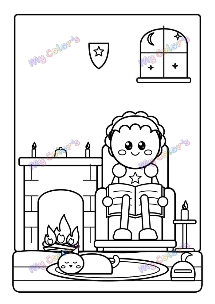 Coloriage Le chevalier qui lit au coin du feu à imprimer