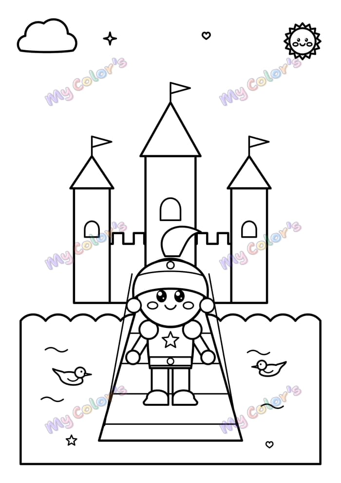Coloriage Le chevalier sur le pont-levis à imprimer