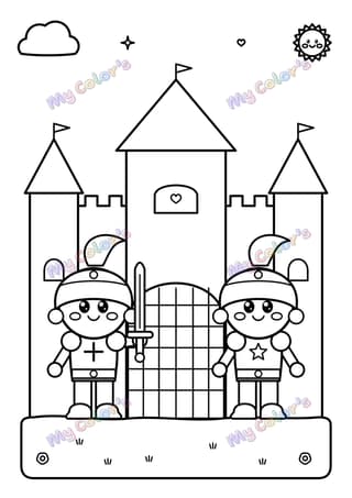 Coloriage Les chevaliers à la porte du château à imprimer