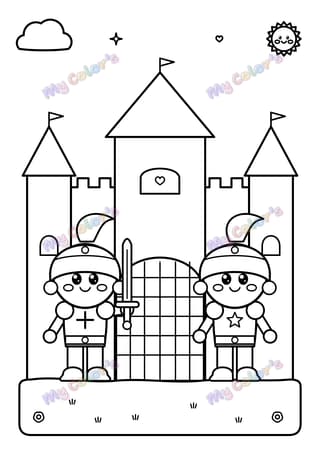 Coloriage Les chevaliers à la porte du château à imprimer