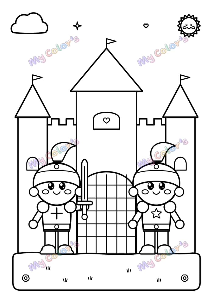 Coloriage Les chevaliers à la porte du château à imprimer