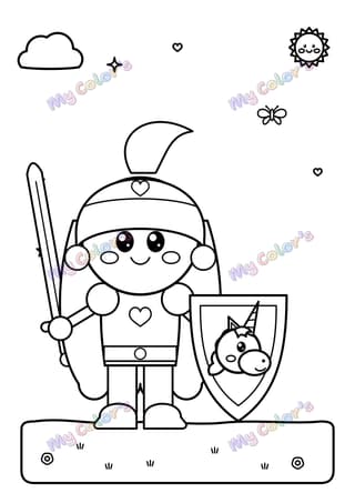 Coloriage La petite chevalière et son bouclier licorne à imprimer
