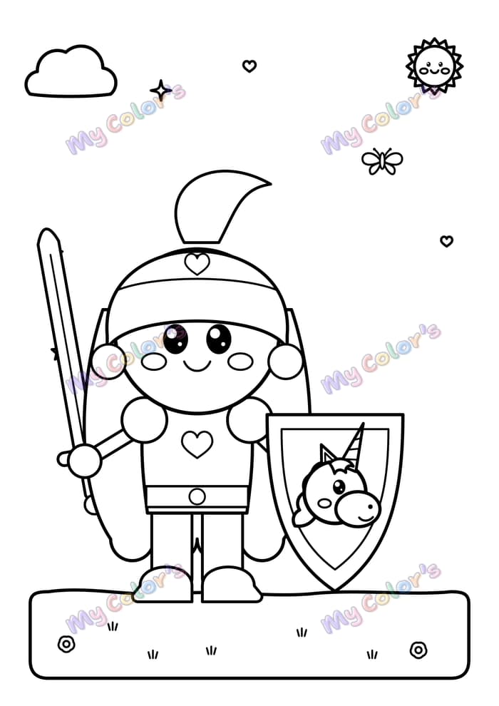 Coloriage La petite chevalière et son bouclier licorne à imprimer
