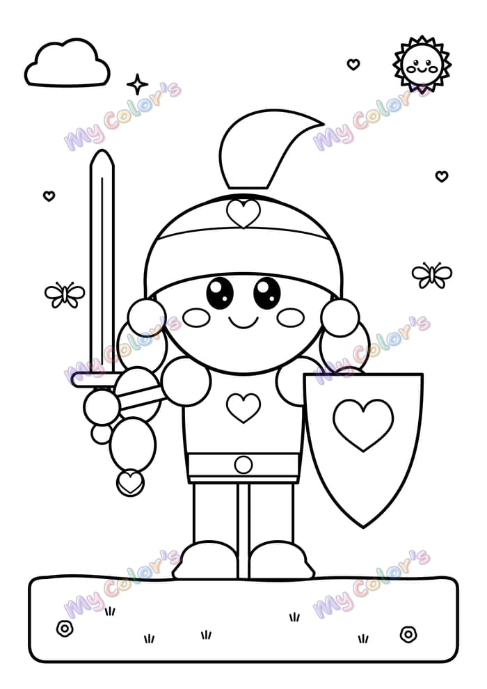 Coloriage La chevalière au bouclier cœur à imprimer