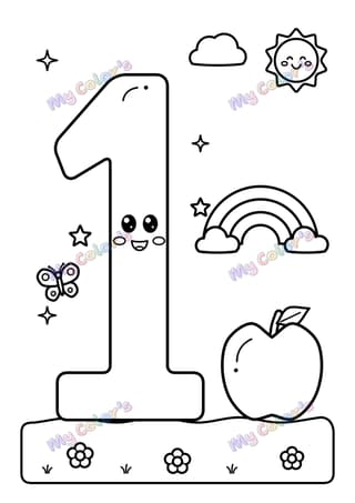 Coloriage Le chiffre 1 et une pomme à imprimer