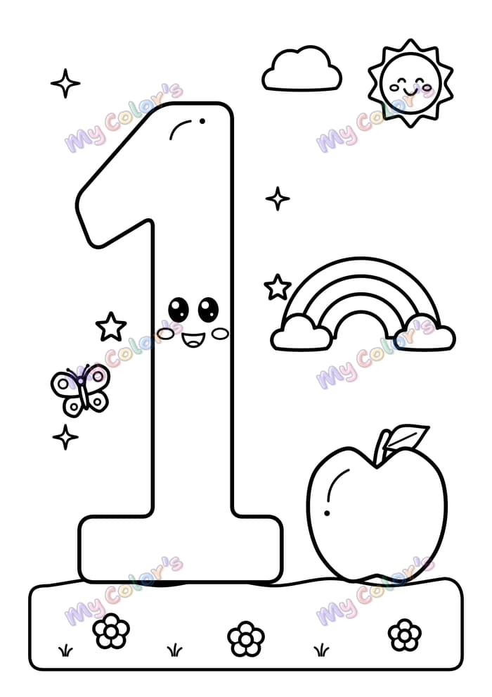 Coloriage Le chiffre 1 et une pomme à imprimer
