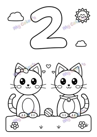 Coloriage Le chiffre 2 et deux chats à imprimer