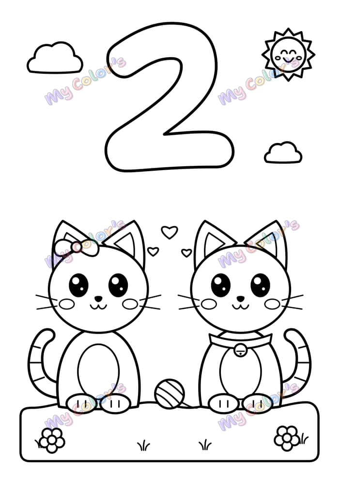 Coloriage Le chiffre 2 et deux chats à imprimer