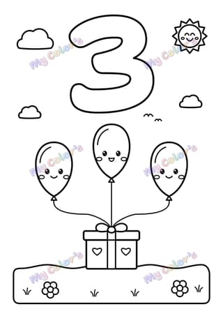 Coloriage Le chiffre 3 et trois ballons à imprimer