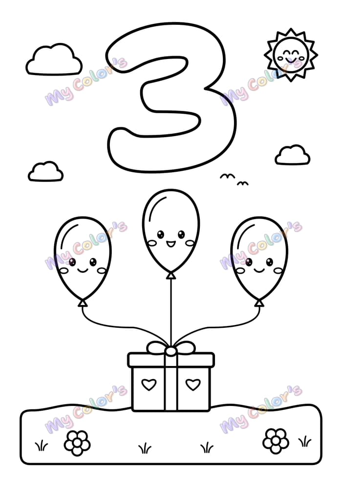 Coloriage Le chiffre 3 et trois ballons à imprimer