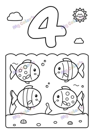 Coloriage Le chiffre 4 et quatre poissons à imprimer