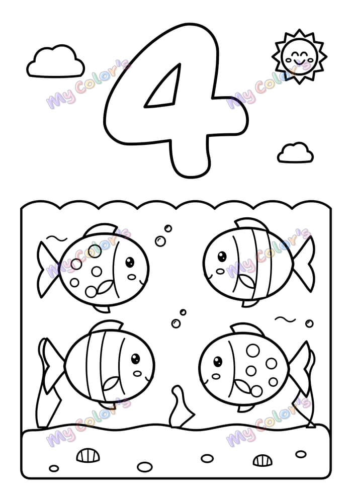 Coloriage Le chiffre 4 et quatre poissons à imprimer