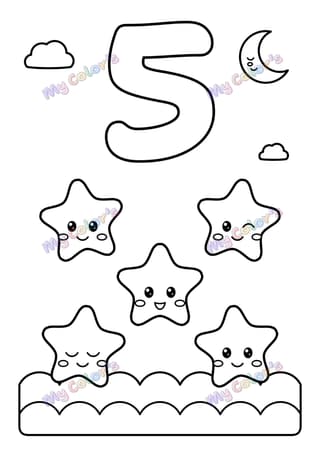 Coloriage Le chiffre 5 et cinq étoiles à imprimer