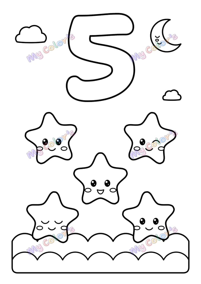 Coloriage Le chiffre 5 et cinq étoiles à imprimer