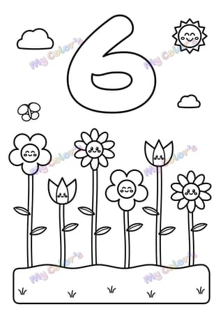 Coloriage Le chiffre 6 et six fleurs à imprimer