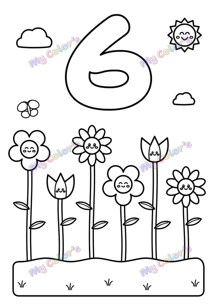 Coloriage Le chiffre 6 et six fleurs à imprimer