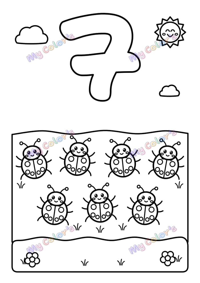 Coloriage Le chiffre 7 et sept coccinelles à imprimer