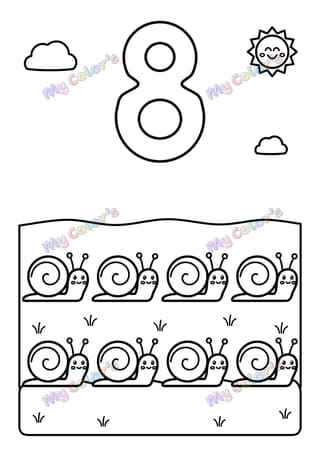 Coloriage Le chiffre 8 et huit escargots à imprimer