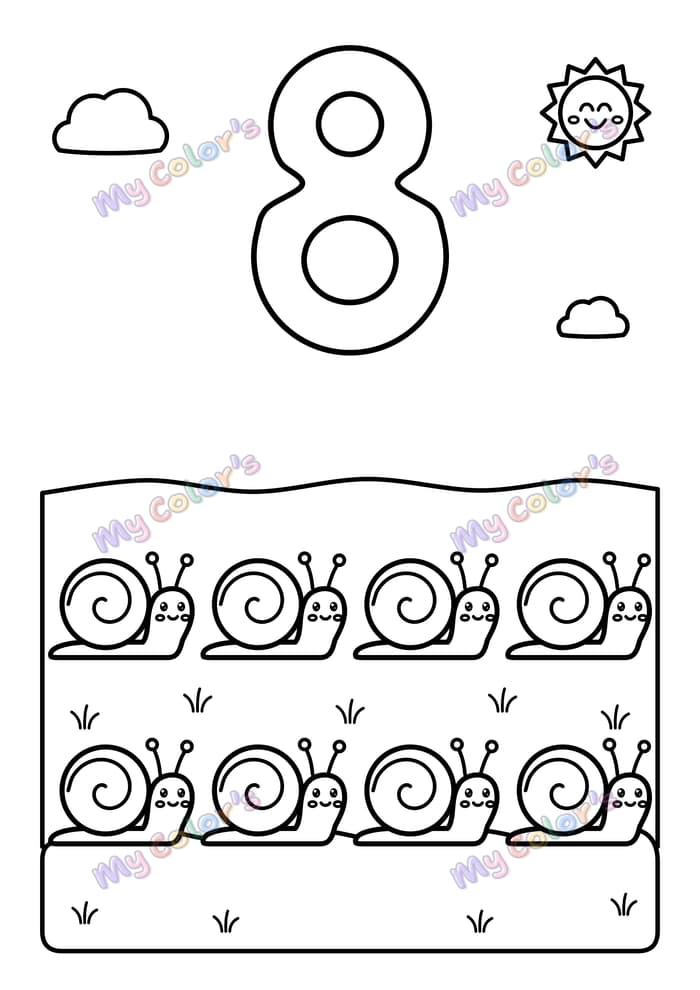 Coloriage Le chiffre 8 et huit escargots à imprimer