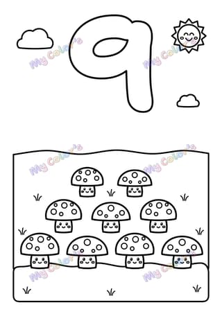 Coloriage Le chiffre 9 et neuf champignons à imprimer