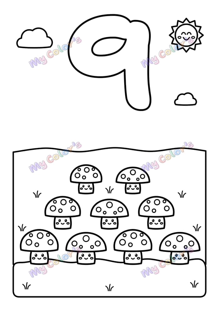 Coloriage Le chiffre 9 et neuf champignons à imprimer