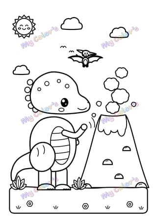 Coloriage Le dino devant le volcan à imprimer