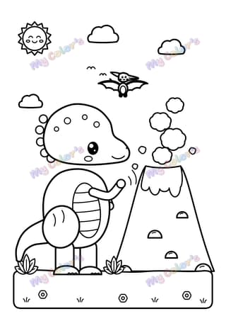 Coloriage Le dino devant le volcan à imprimer