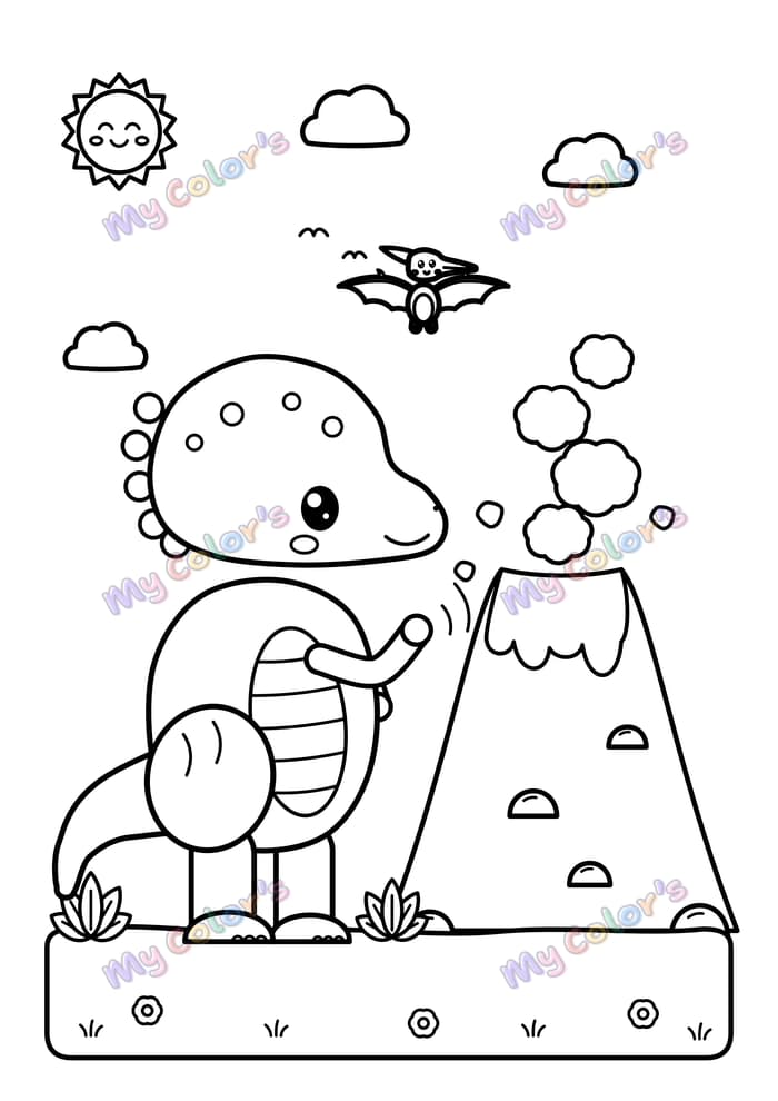 Coloriage Le dino devant le volcan à imprimer