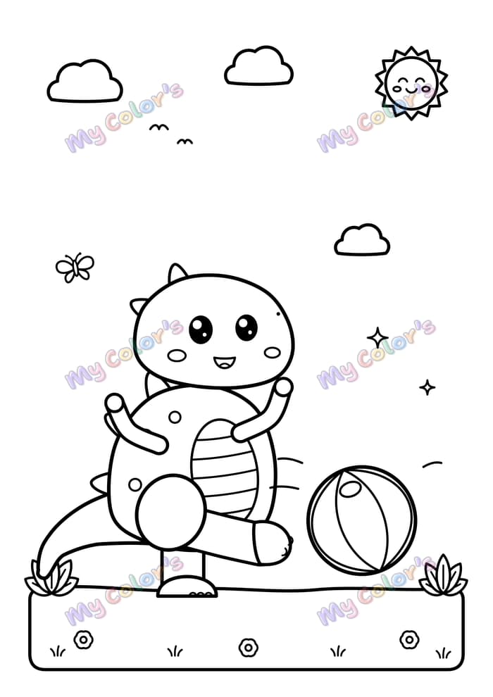 Coloriage Le dino qui joue au ballon à imprimer