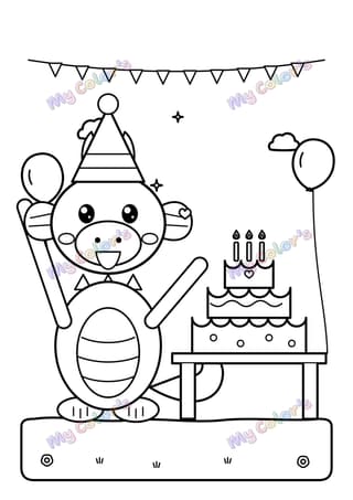 Coloriage Le dragon et le gâteau d’anniversaire à imprimer