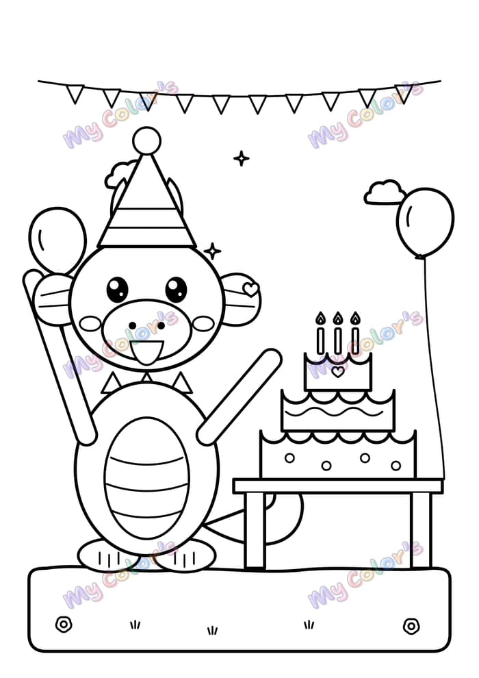 Coloriage Le dragon et le gâteau d’anniversaire à imprimer