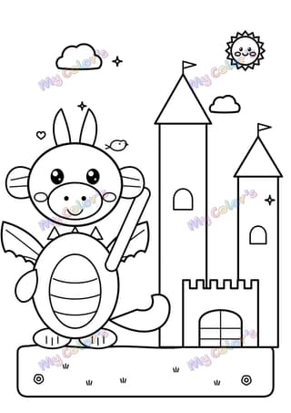 Coloriage Le dragon et son château à imprimer