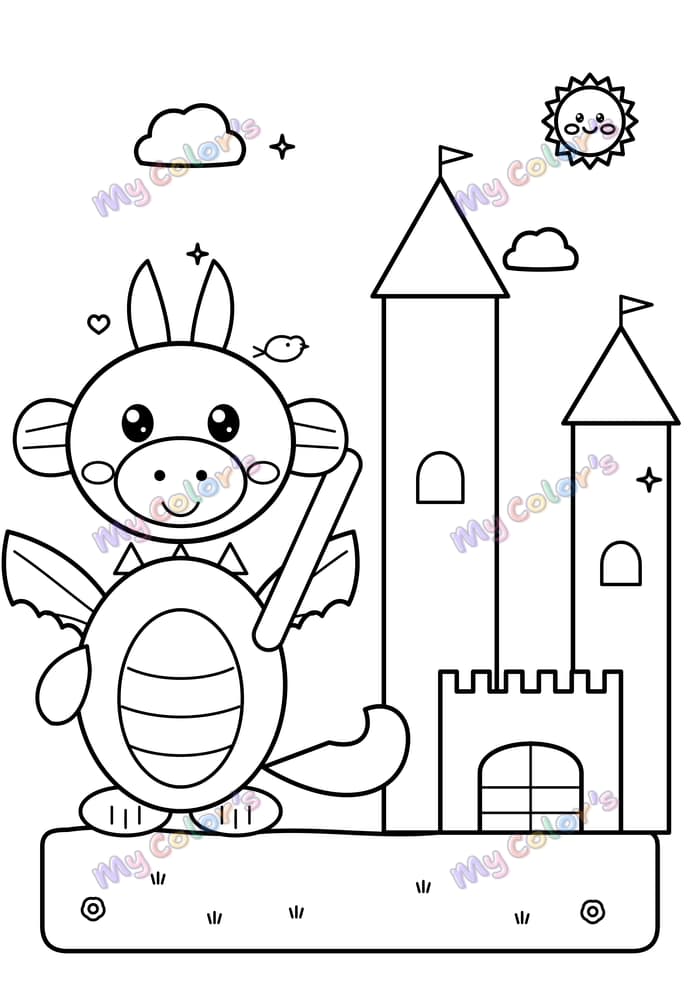 Coloriage Le dragon et son château à imprimer
