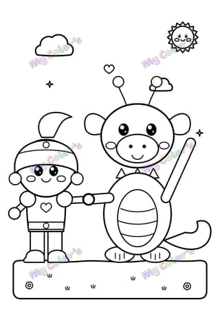 Coloriage Le dragon et son ami le chevalier à imprimer