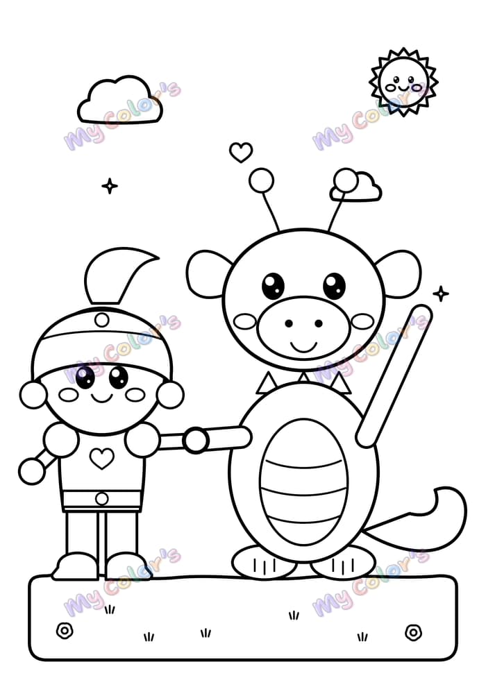 Coloriage Le dragon et son ami le chevalier à imprimer