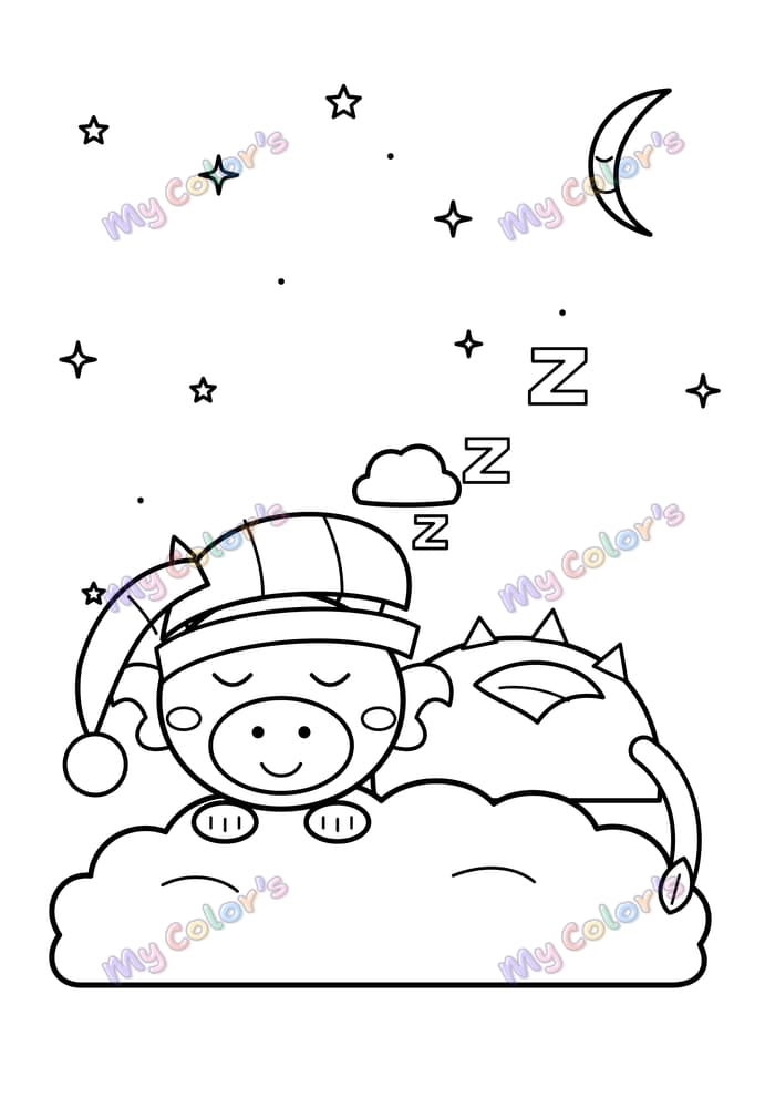 Coloriage Le dragon qui dort sur un nuage à imprimer