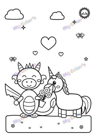 Coloriage Le dragon et la licorne, amis pour toujours à imprimer