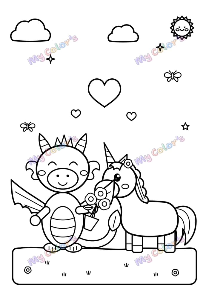 Coloriage Le dragon et la licorne, amis pour toujours à imprimer