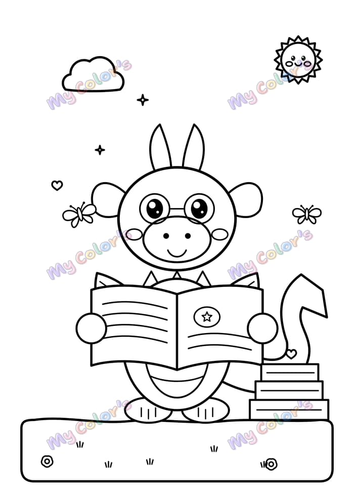 Coloriage Le dragon qui lit un livre à imprimer