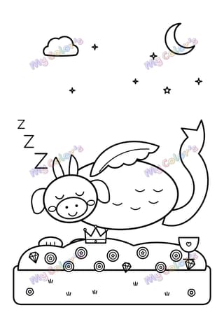 Coloriage Le dragon qui dort sur son trésor à imprimer