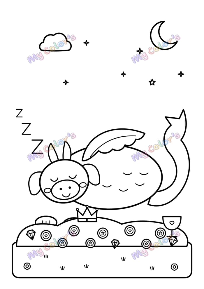 Coloriage Le dragon qui dort sur son trésor à imprimer