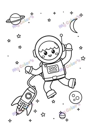 Coloriage L’enfant astronaute qui flotte à imprimer
