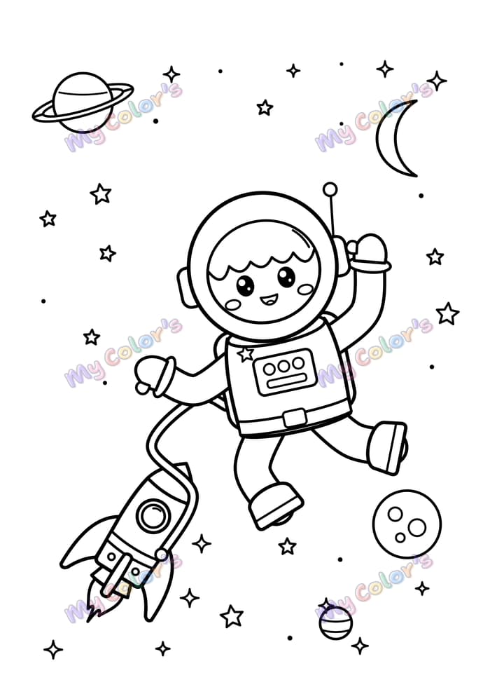Coloriage L’enfant astronaute qui flotte à imprimer