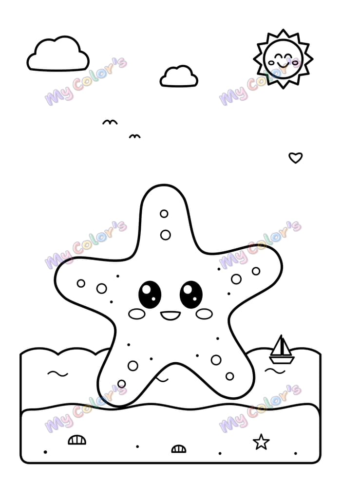 Coloriage L’étoile de mer sur la plage à imprimer