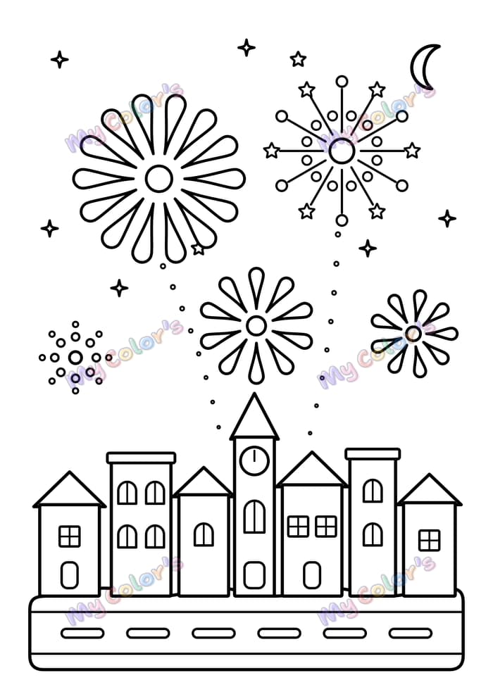 Coloriage Les feux d’artifice du nouvel an à imprimer