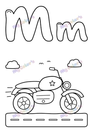 Letter M for motorbike printable coloring page